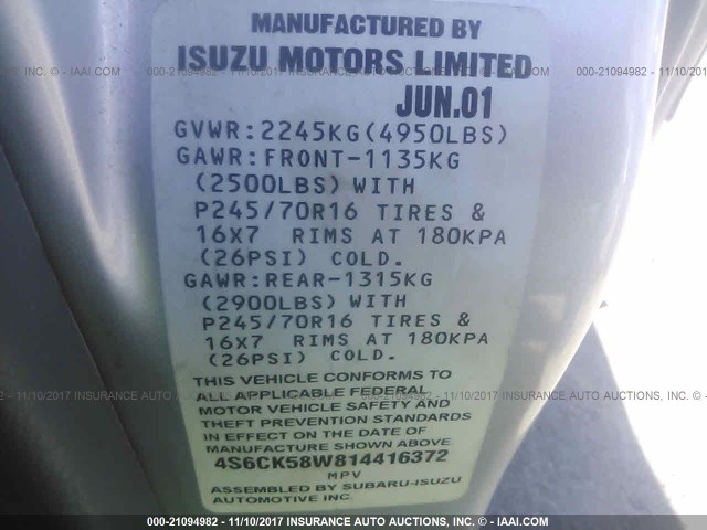 4S6CK58W814416372 - 2001 HONDA PASSPORT EX/LX Արծաթագույն լուսանկար 9