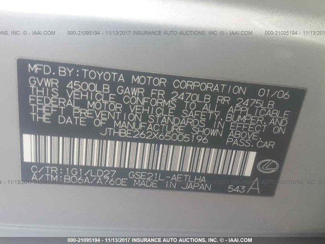 JTHBE262X65005196 - 2006 LEXUS IS 350 SILVER photo 9