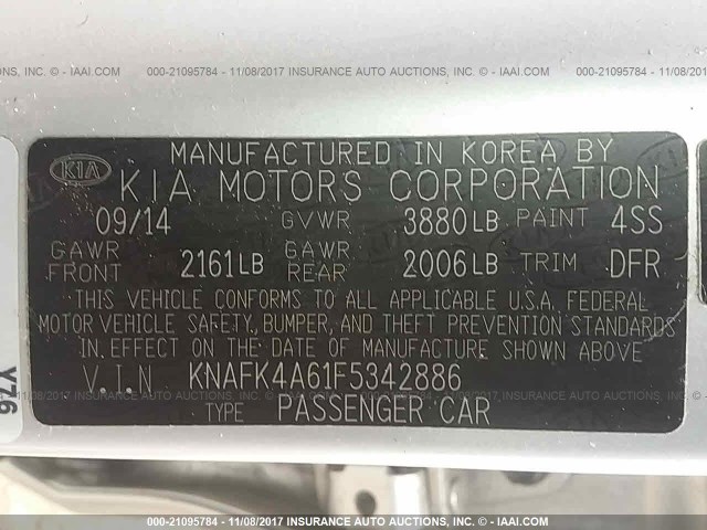 KNAFK4A61F5342886 - 2015 KIA FORTE LX SILVER photo 9