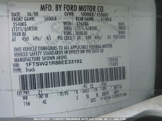 1FTSW21R88EE33192 - 2008 FORD F250 SUPER DUTY WHITE photo 9