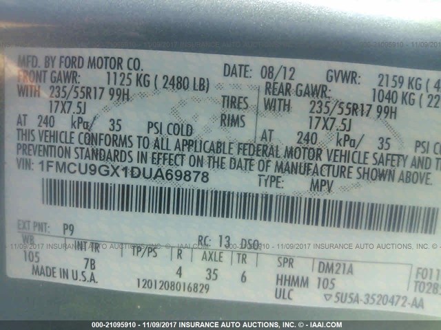 1FMCU9GX1DUA69878 - 2013 FORD ESCAPE SE GREEN photo 9