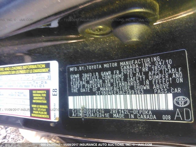 2T1BU4EE3AC399163 - 2010 TOYOTA COROLLA S/LE/XLE BLACK photo 9