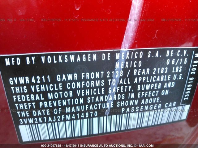 3VW2K7AJ2FM414970 - 2015 VOLKSWAGEN JETTA S 红色 照片 9