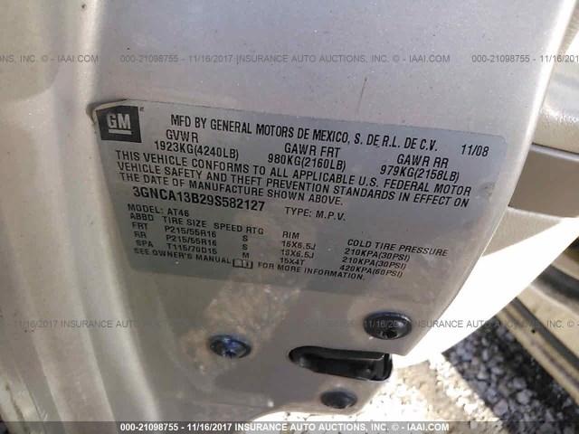 3GNCA13B29S582127 - 2009 CHEVROLET HHR LS BEIGE photo 9