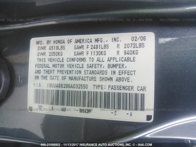 19UUA66286A032550 - 2006 ACURA 3.2TL GRAY photo 9