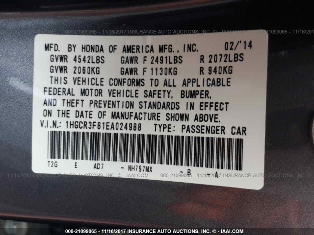 1HGCR3F81EA024988 - 2014 HONDA ACCORD EXL GRAY photo 9