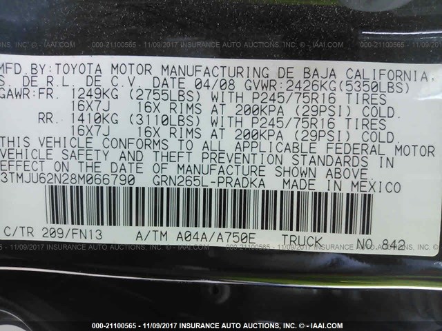 3TMJU62N28M066790 - 2008 TOYOTA TACOMA DOUBLE CAB PRERUNNER BLACK photo 9