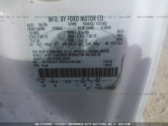 1FTSX21Y87EA16125 - 2007 FORD F250 SUPER DUTY WHITE photo 9