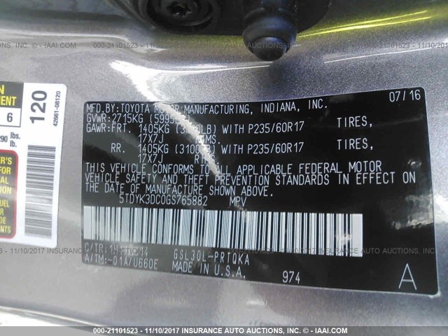 5TDYK3DC0GS765882 - 2016 TOYOTA SIENNA XLE/LIMITED GRAY photo 9