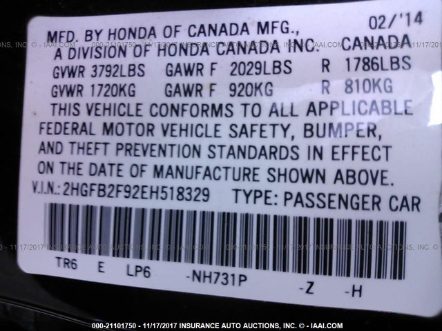 2HGFB2F92EH518329 - 2014 HONDA CIVIC EXL BLACK photo 9