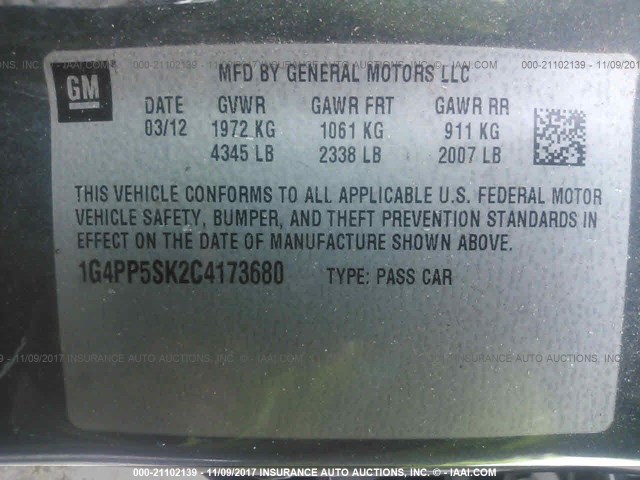 1G4PP5SK2C4173680 - 2012 BUICK VERANO GRAY photo 9