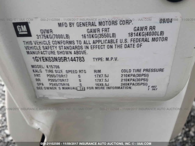 1GYEK63N95R144783 - 2005 CADILLAC ESCALADE LUXURY Beyaz fotoğraf 9