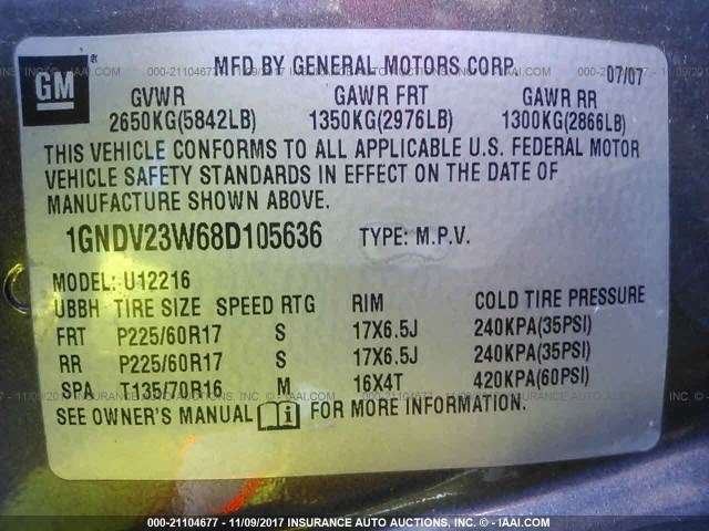 1GNDV23W68D105636 - 2008 CHEVROLET UPLANDER LS 棕色 照片 9