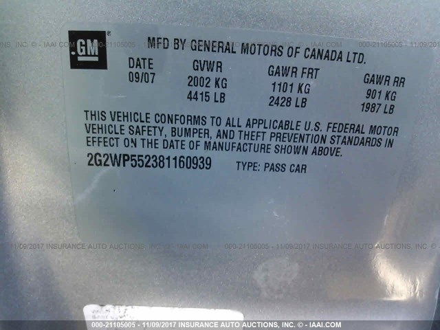 2G2WP552381160939 - 2008 PONTIAC GRAND PRIX 银色 照片 9