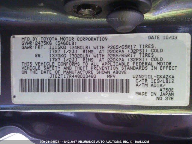 JTEZT17R448003480 - 2004 TOYOTA 4RUNNER LIMITED GRAY photo 9