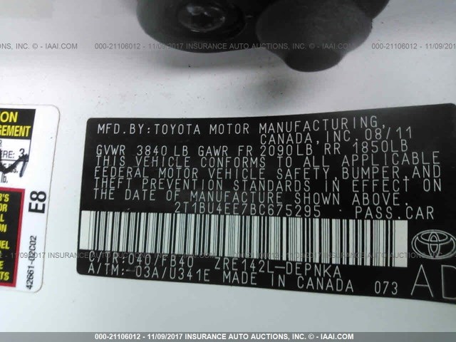 2T1BU4EE7BC675295 - 2011 TOYOTA COROLLA S/LE WHITE photo 9