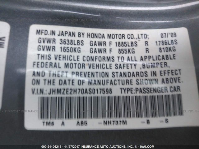 JHMZE2H70AS017598 - 2010 HONDA INSIGHT EX GRAY photo 9