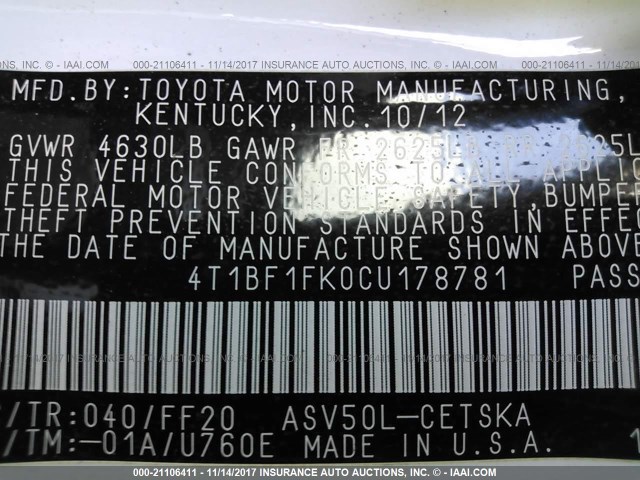 4T1BF1FK0CU178781 - 2012 TOYOTA CAMRY SE/LE/XLE WHITE photo 9