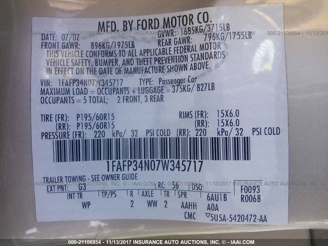 1FAFP34N07W345717 - 2007 FORD FOCUS ZX4/S/SE/SES 金色 照片 9