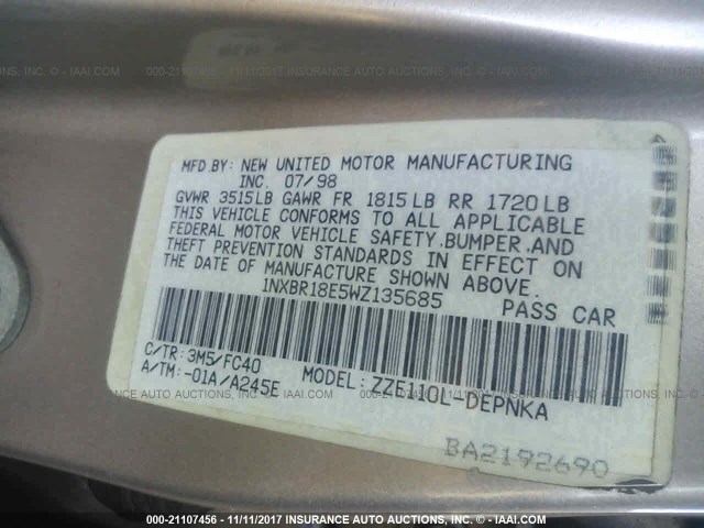 1NXBR18E5WZ135685 - 1998 TOYOTA COROLLA VE/CE/LE 灰色 照片 9