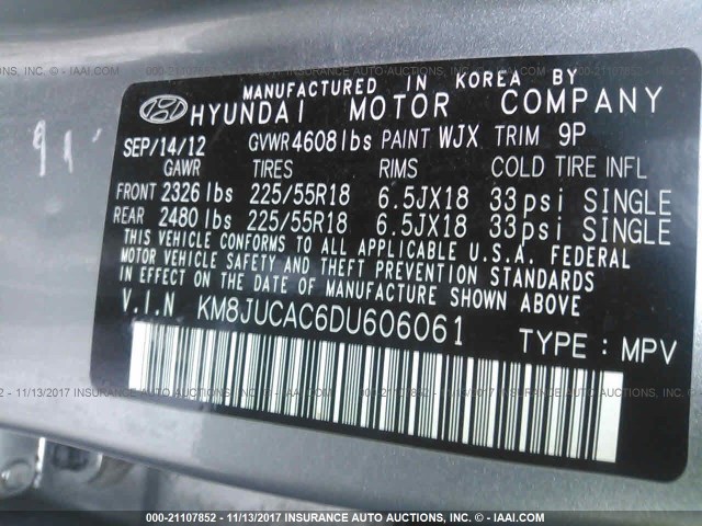 KM8JUCAC6DU606061 - 2013 HYUNDAI TUCSON GLS/LIMITED ვერცხლისფერი ფოტო 9