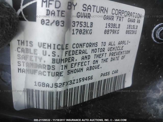 1G8AJ52FX3Z159456 - 2003 SATURN ION LEVEL 2 BLUE photo 9