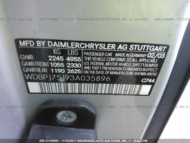 WDBPJ75J93A035896 - 2003 MERCEDES-BENZ CL 500 SILVER photo 9