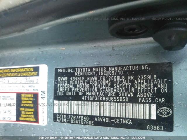 4T1BF3EK8BU655050 - 2011 TOYOTA CAMRY SE/LE/XLE GREEN photo 9