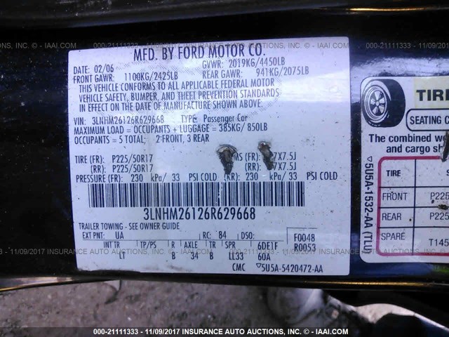 3LNHM26126R629668 - 2006 LINCOLN ZEPHYR BLACK photo 9