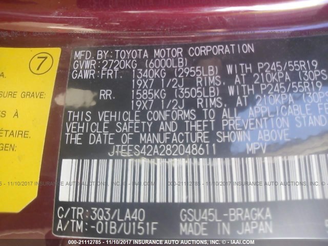 JTEES42A282048611 - 2008 TOYOTA HIGHLANDER LIMITED RED photo 9