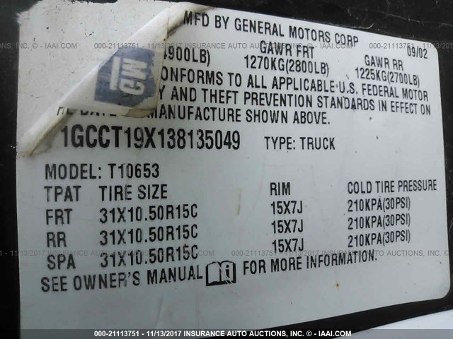 1GCCT19X138135049 - 2003 CHEVROLET S TRUCK S10 BLACK photo 9