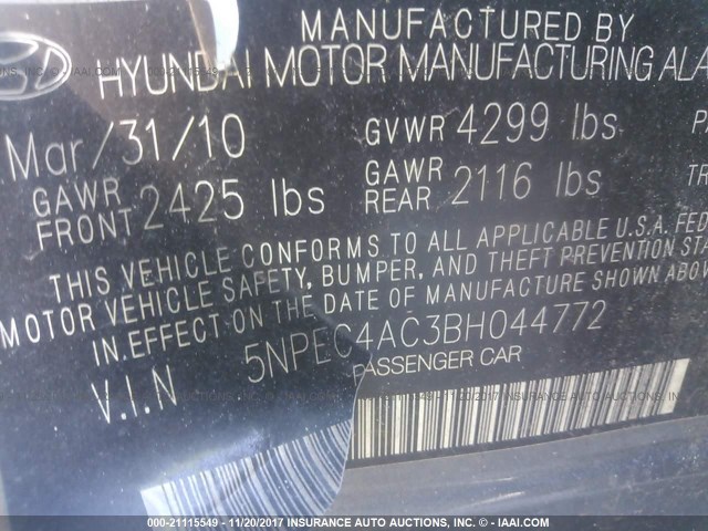 5NPEC4AC3BH044772 - 2011 HYUNDAI SONATA SE/LIMITED GRAY photo 9