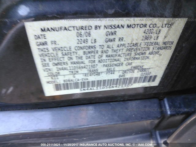 1N4AL11D56N421507 - 2006 NISSAN ALTIMA S/SL GRAY photo 9