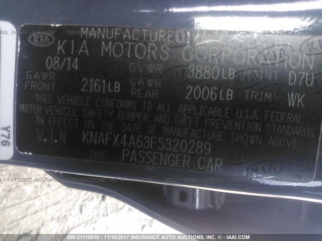 KNAFX4A63F5320289 - 2015 KIA FORTE LX GRAY photo 9