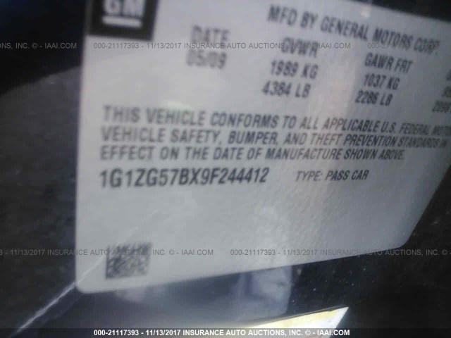 1G1ZG57BX9F244412 - 2009 CHEVROLET MALIBU LS 深蓝色 照片 9