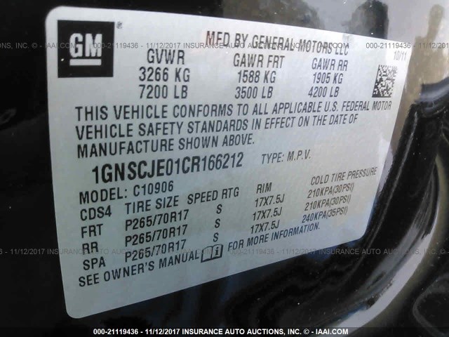 1GNSCJE01CR166212 - 2012 CHEVROLET SUBURBAN C1500 LT BLACK photo 9