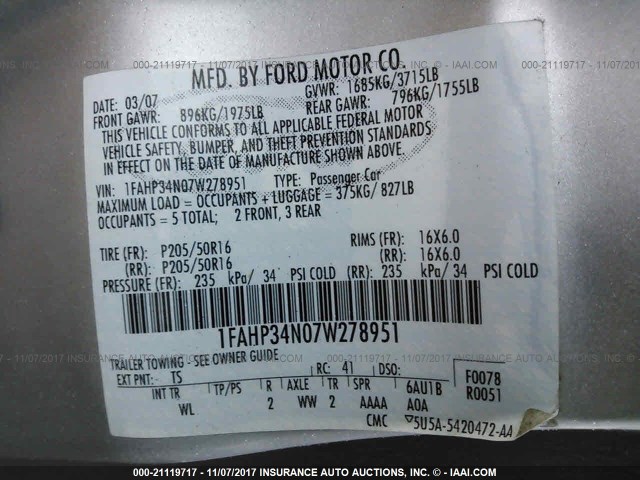 1FAHP34N07W278951 - 2007 FORD FOCUS ZX4/S/SE/SES 银色 照片 9