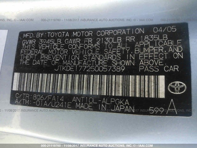 JTKDE177250057389 - 2005 TOYOTA SCION TC 浅蓝色 照片 9