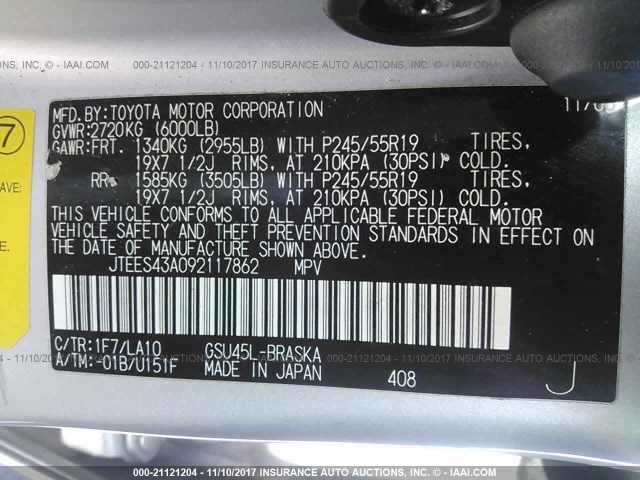 JTEES43A092117862 - 2009 TOYOTA HIGHLANDER SPORT SILVER photo 9