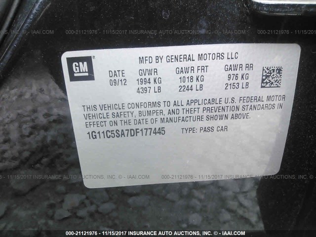 1G11C5SA7DF177445 - 2013 CHEVROLET MALIBU 1LT 黑色 照片 9