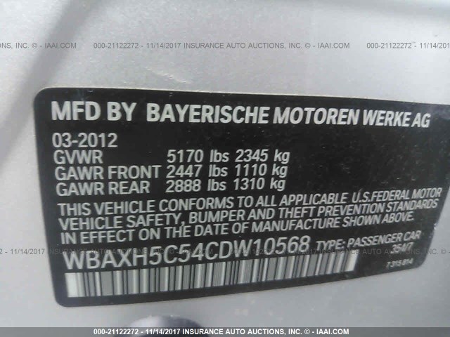 WBAXH5C54CDW10568 - 2012 BMW 528 XI SILVER photo 9