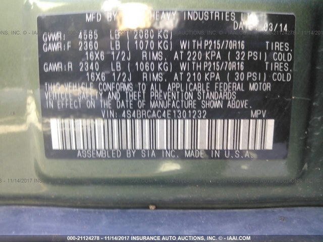 4S4BRCAC4E1301232 - 2014 SUBARU OUTBACK 2.5I GREEN photo 9