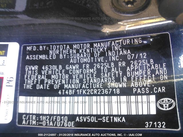 4T4BF1FK2CR236718 - 2012 TOYOTA CAMRY SE/LE/XLE BLACK photo 9