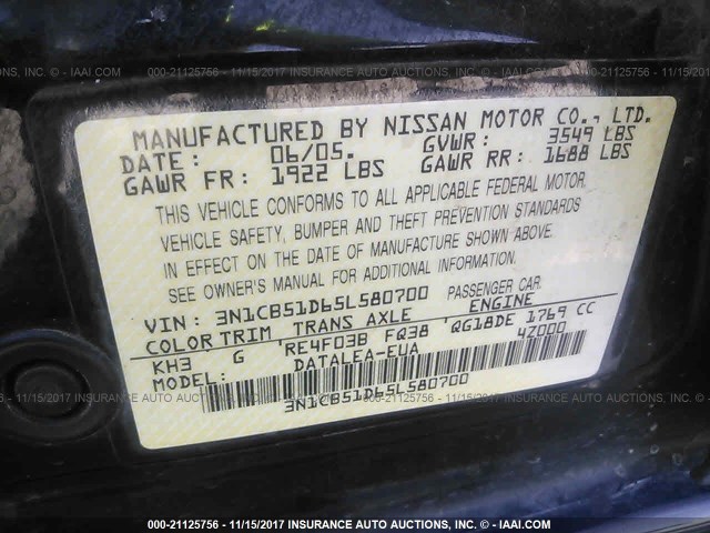 3N1CB51D65L580700 - 2005 NISSAN SENTRA 1.8/1.8S BLACK photo 9