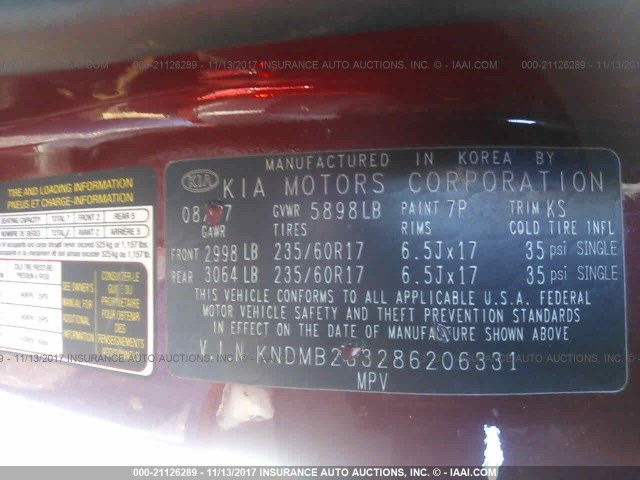 KNDMB233286206331 - 2008 KIA SEDONA EX/LX RED photo 9