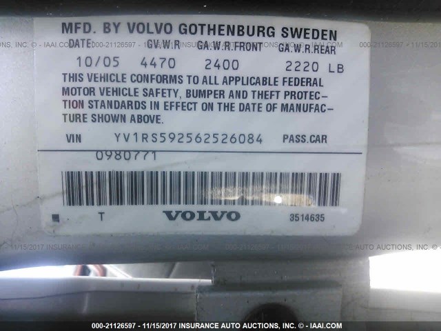 YV1RS592562526084 - 2006 VOLVO S60 2.5T SILVER photo 9
