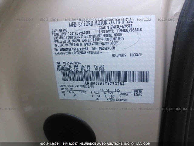 1LNHM87A5YY773284 - 2000 LINCOLN LS Krem foto 9