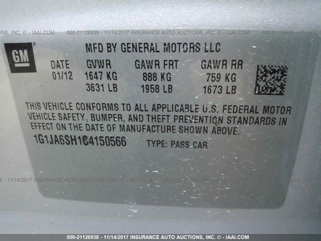 1G1JA6SH1C4150566 - 2012 CHEVROLET SONIC LS Gümüş foto 9