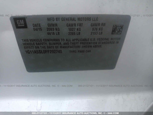 1G11A5SL0FF292740 - 2015 CHEVROLET MALIBU LS თეთრი ფოტო 9