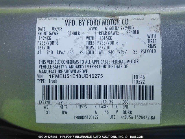 1FMEU51E18UB16275 - 2008 FORD EXPLORER SPORT TR XLT GRAY photo 9